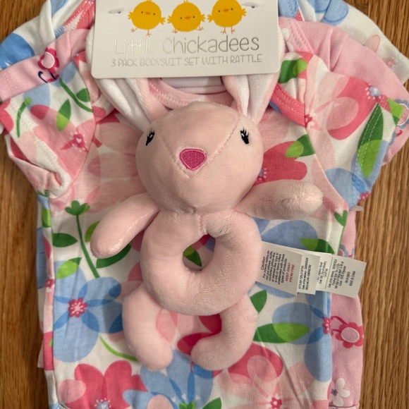 Little Chickadees Baby Girl Set of 3 Easter/Spring Onesies w/Matching Rattle - Picture 3 of 10